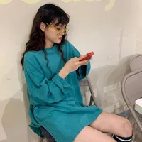 Women T-shirt Slit Loose Oversize Tees Solid Round Neck Simple Dress  Fashion Ladies  Casual Autumn  Long Sleeve Basic Tops - Image 2