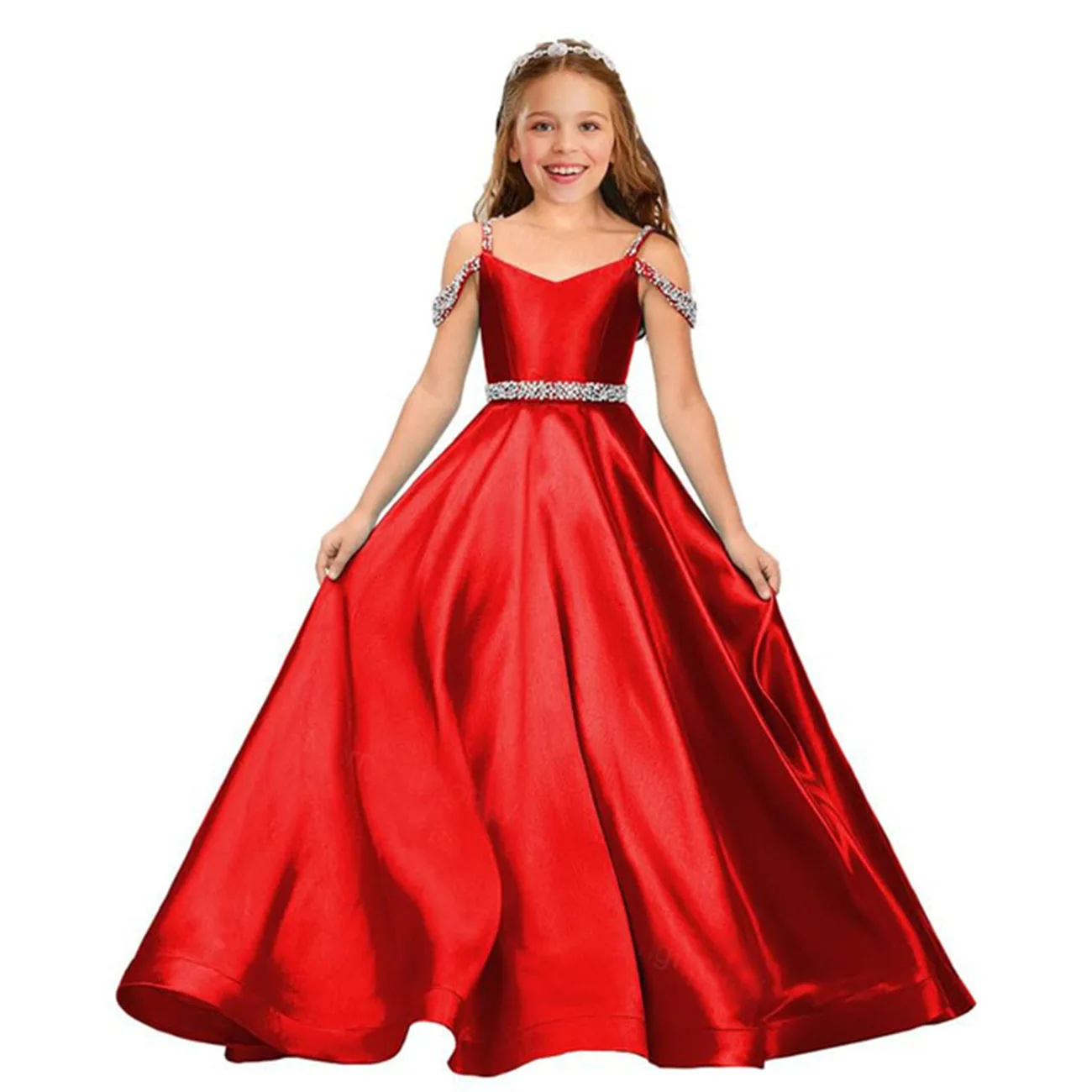 Elegant Satin Child Wedding Party Dresses Long Beaded Off Shoulder Birthday Flower Girl Dress Formal Evening Gowns for Girls