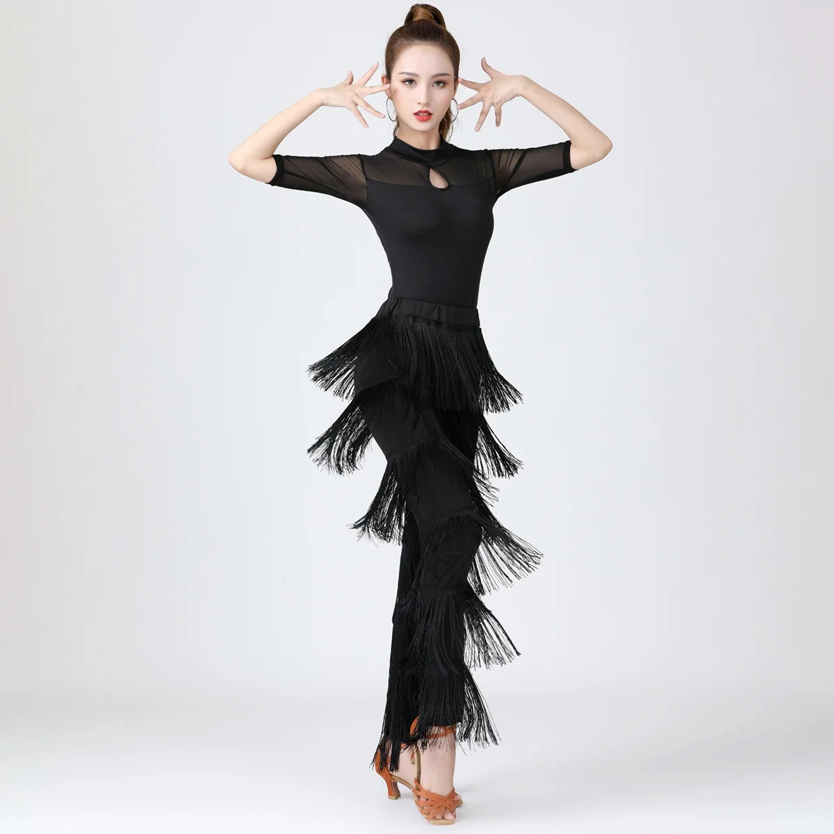 

Adult Women Latin Dance Fringed Trousers Ladies Modern Ballroom Dancing Long Pants Dancewear Performance Costumes