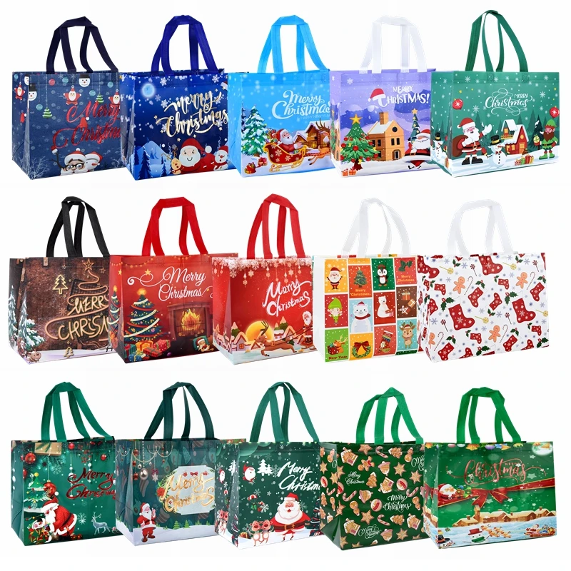 

Merry Christmas Non-Woven Fabric Tote Bags Santa Snowman Candy Snack Gift Packaging Bag for Navidad New Year Xmas Party Supplies