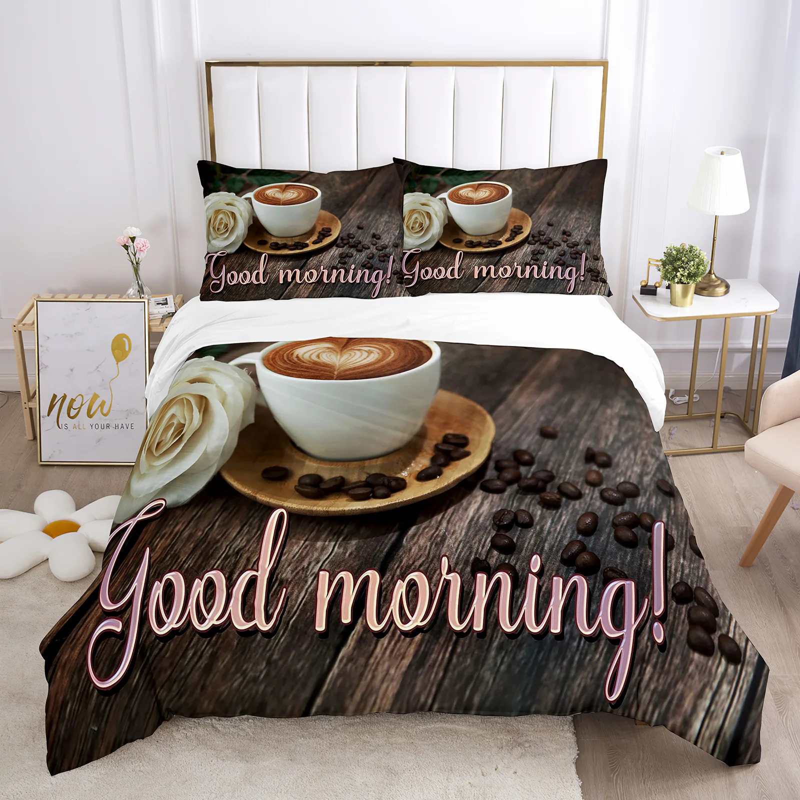 

Good Morning Duvet Cover Set Microfiber Coffee Rose Cozy Breakfast Twin Bedding Set Double Queen King Size 2/3pcs Quilt Cover