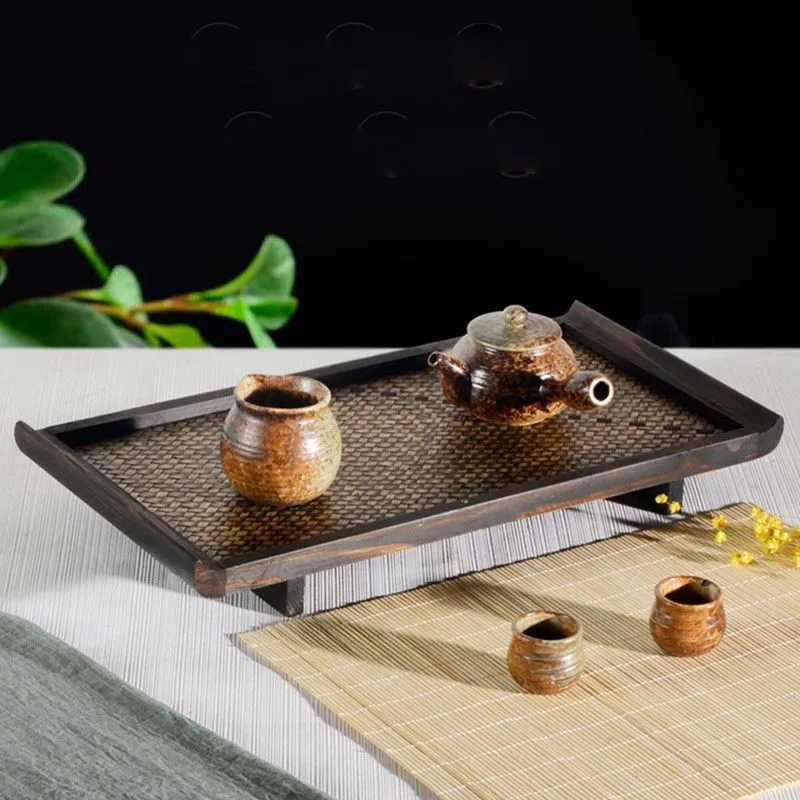 Zen Retro Style Tea Set Storage Tray Retro Tea Tray Household Japanese Style Solid Wood Bamboo Woven Tea Cup Rattan Tray ZE626 4