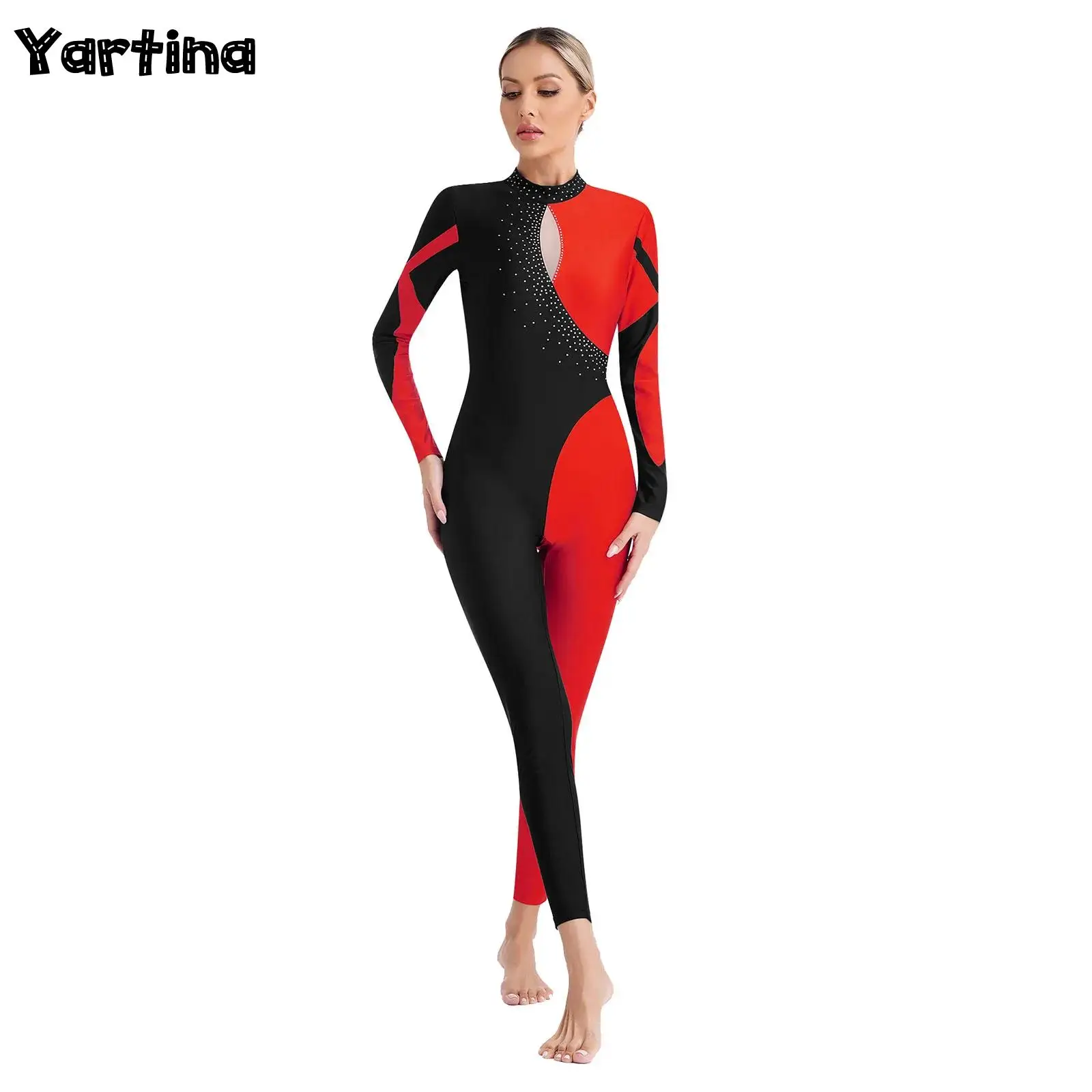 

Womens Gymnastics Figure Skating Ballet Dance Costume Jumpsuit Glittery Rhinestones Keyhole Back Long Sleeve Mock Neck Bodysuit