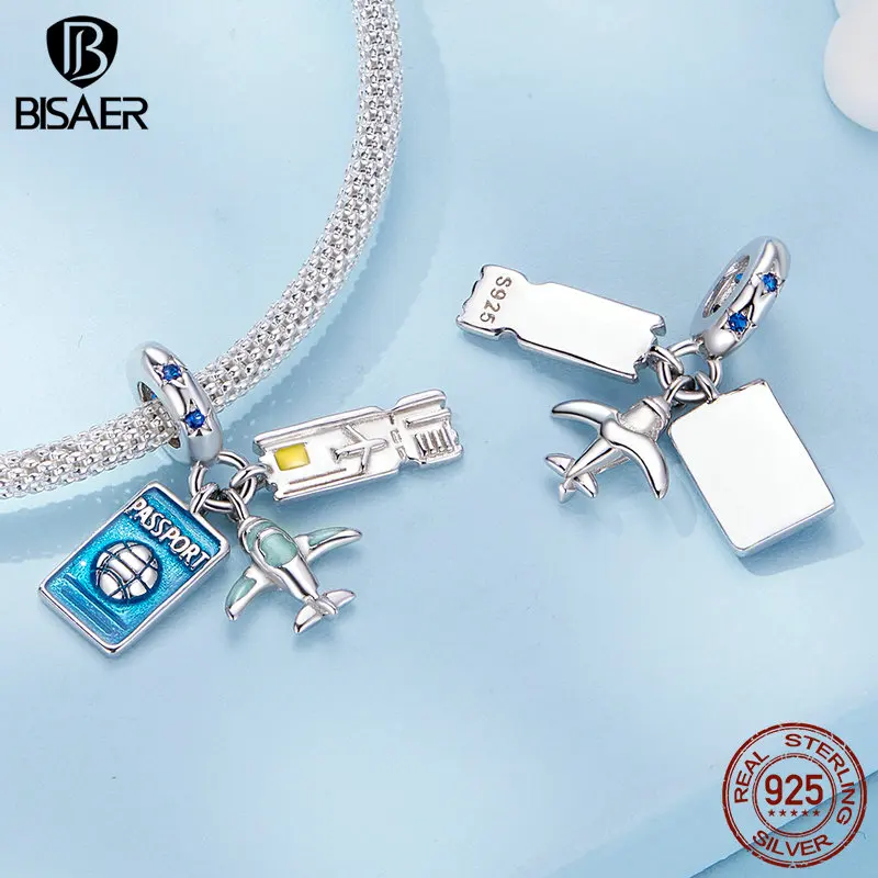 BISAER 100% 925 Sterling Silver Blue Traveling Airplane Charm Bead