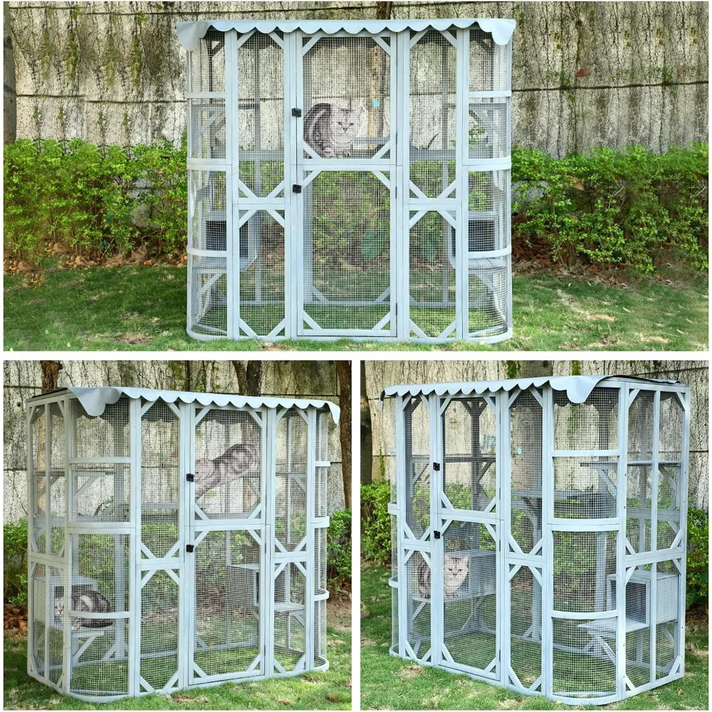 Outdoor Cat House with Weatherproof Roof，Large Catio Cat Enclosure for Multiple Cats Life Walks in Cage & Run