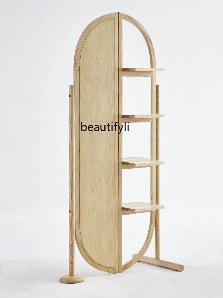 

Nordic Mirror Solid Wood Screen Living Room Folding Partition Movable Vertical Storage Rack