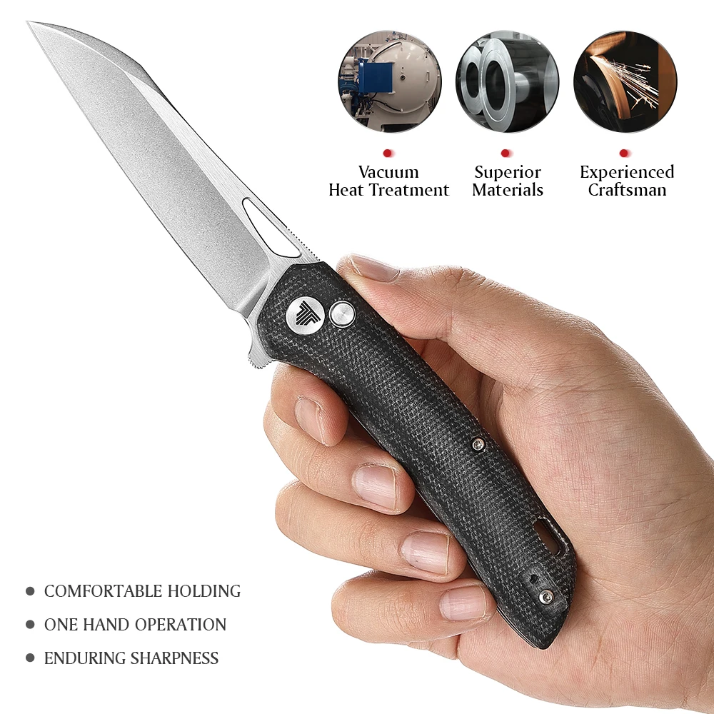 TRIVISA Pocket Camping Knife for Men Outdoor,Folding EDC Knives with  Clip，3.54 14C28N Flipper Blade，Micarta Handle，Thumb Stud
