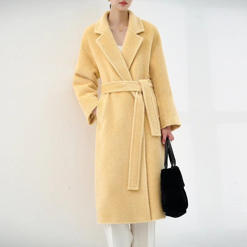 High-end 100% Alpaca Wool Coat Women Camel Winter Warm Long Black Coat 2022 New Orange Fashion Casual Classic Lace-up Commuter