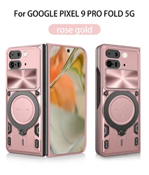Heavy Duty Rugged Armor Phone Case with Magnetic Bracket and Slide Camera Protection Cover for Google Pixel 9 Pro Fold (JS pink)