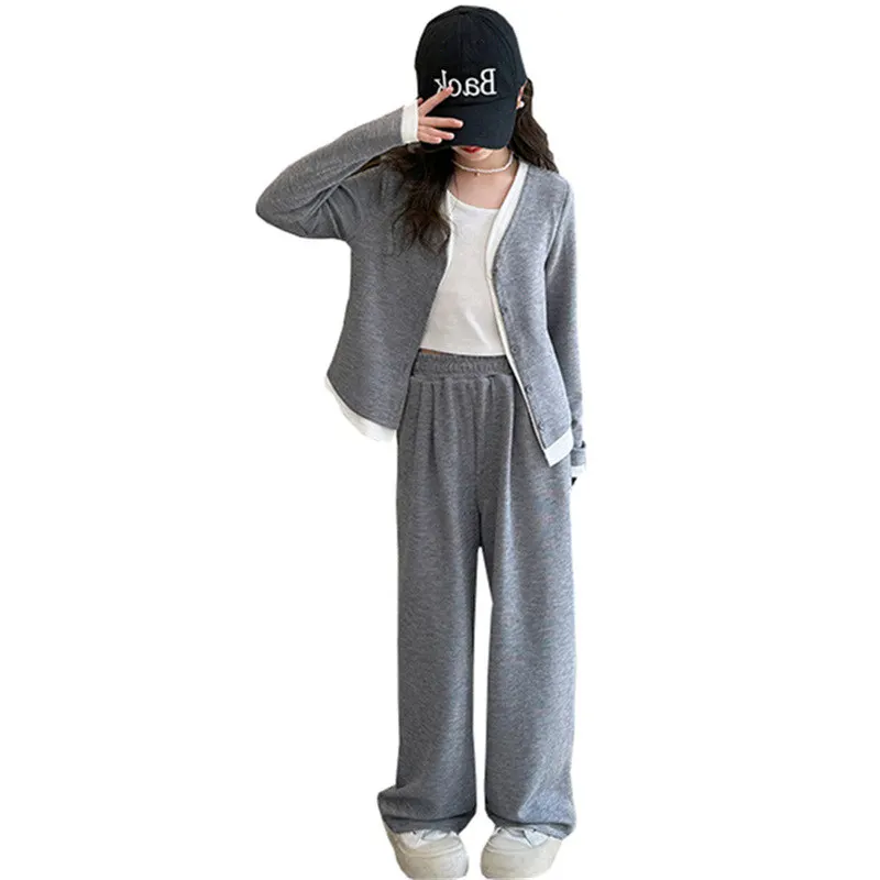 

Korea Casual Girls Clothing Sets Single Button V-Neck Fake Splice Top+Pants Two Piece Grey Khaki black Kids Teenage Outfits suit