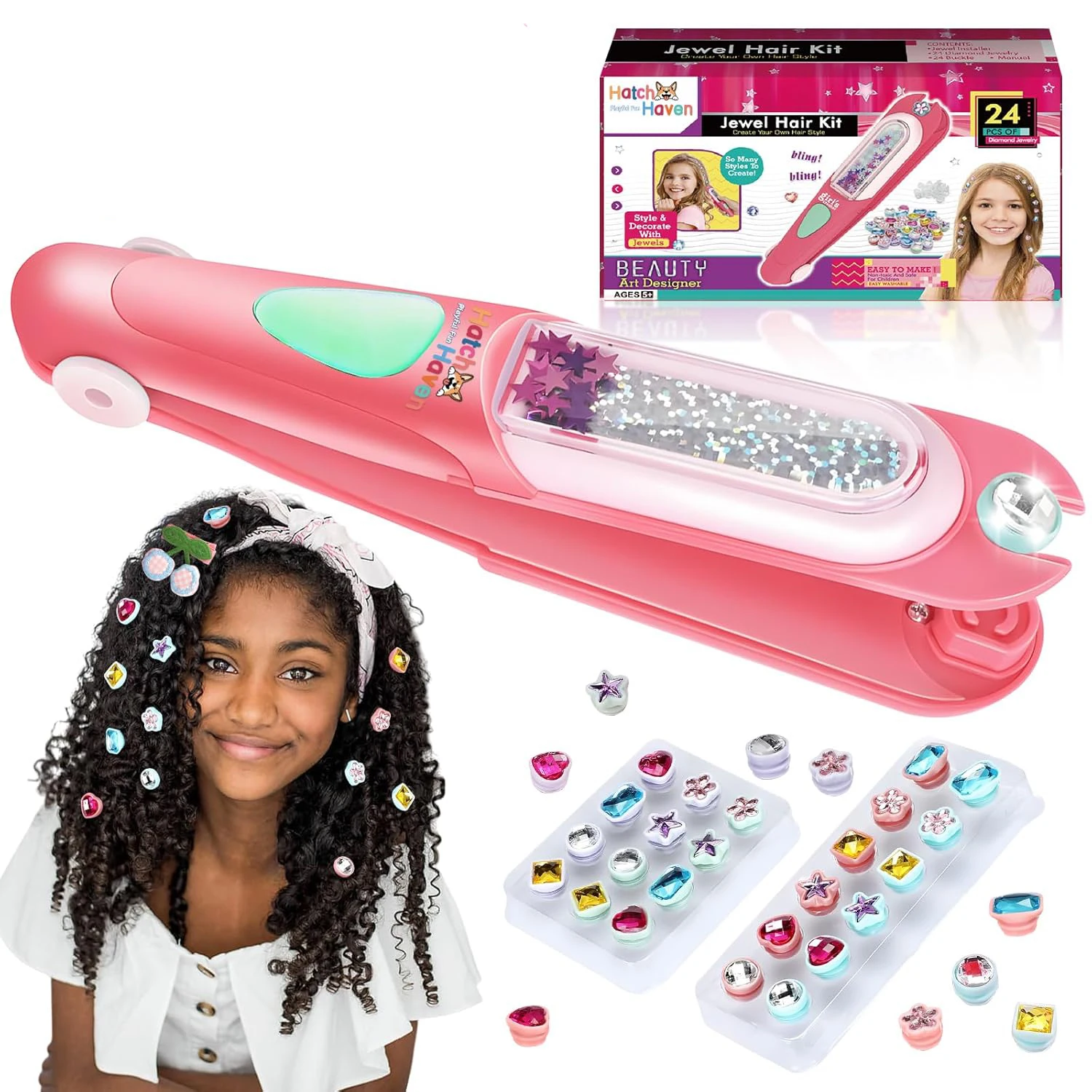 Girls Hair Styling Kit with Reusable Diamonds and Stamper Tool