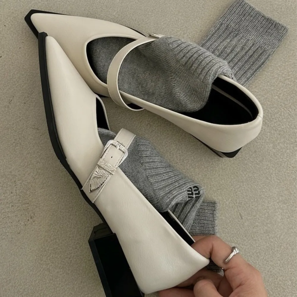 Pointed Toe Women Loafers Black Brown White Casual Mules Shoes Belt Buckle Shallow Slip on Low Flat Heeled Party Pumps Size 40 4