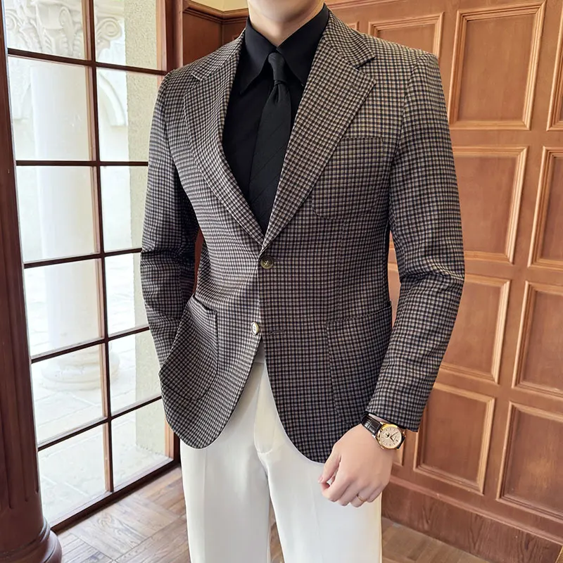 

Fashion Houndstooth Suit Jackets Men Clothing Korean Latest Design Coat Office Business Casual Classic Dress Blazers Streetwear