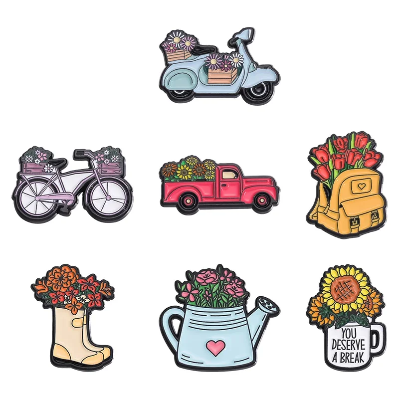 

Romantic Retro Bicycle Car With Flower Basket Brooch Enamel Pin Cartoon Boot Flower Pin Coat Shirt Lapel Badge Jewelry Ornaments