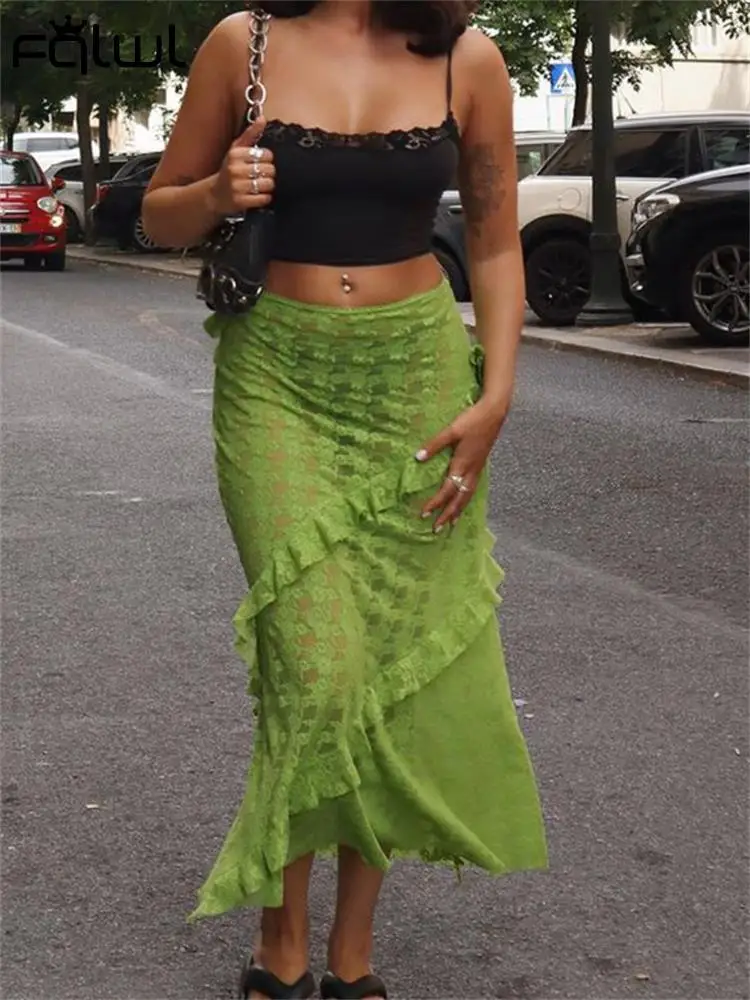 

Habbris Autumn Sexy Green Lace Asymmetry Skirt Casual Street For Women 2023 Black Fashion See Through High Waist Skirt
