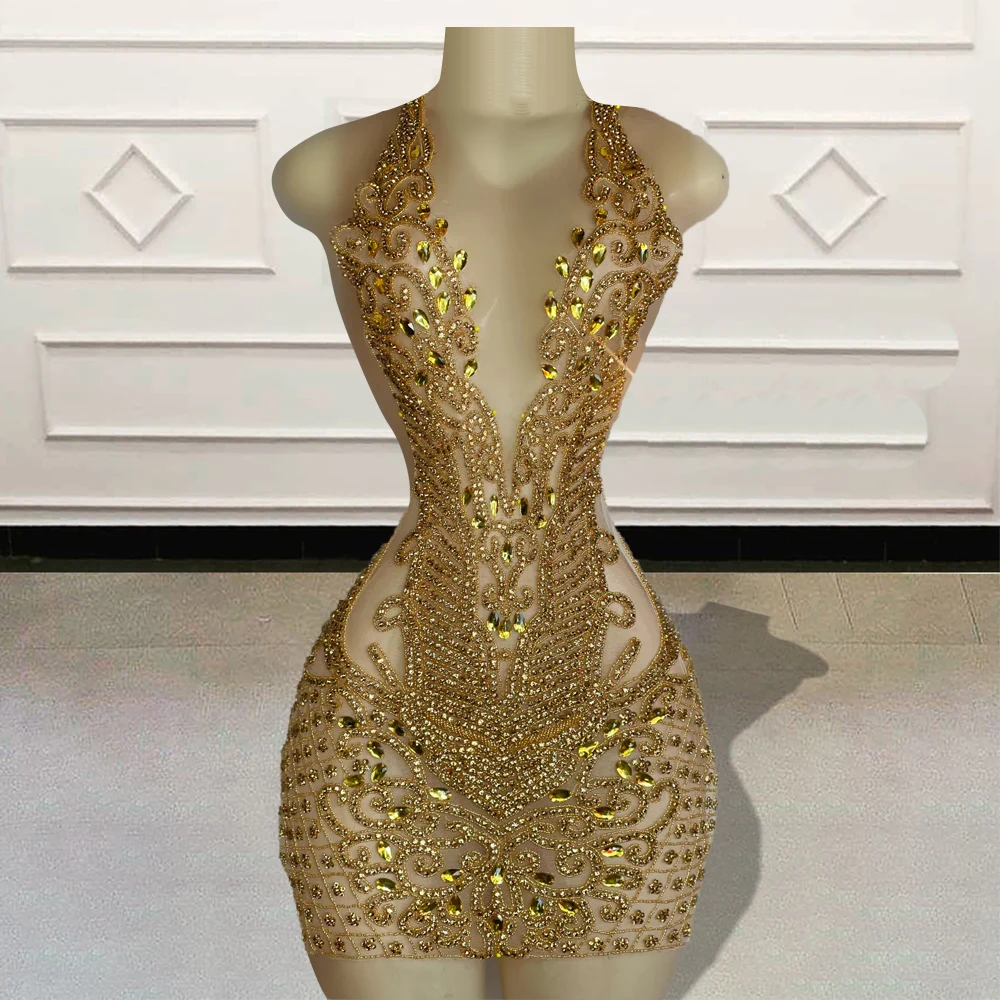 Simiple Gold Short Prom Dresses With Train Beading Applique Sequin Party Gowns Sheer Neck Mini Birthday Outfit Vestidos De Gala main image 1