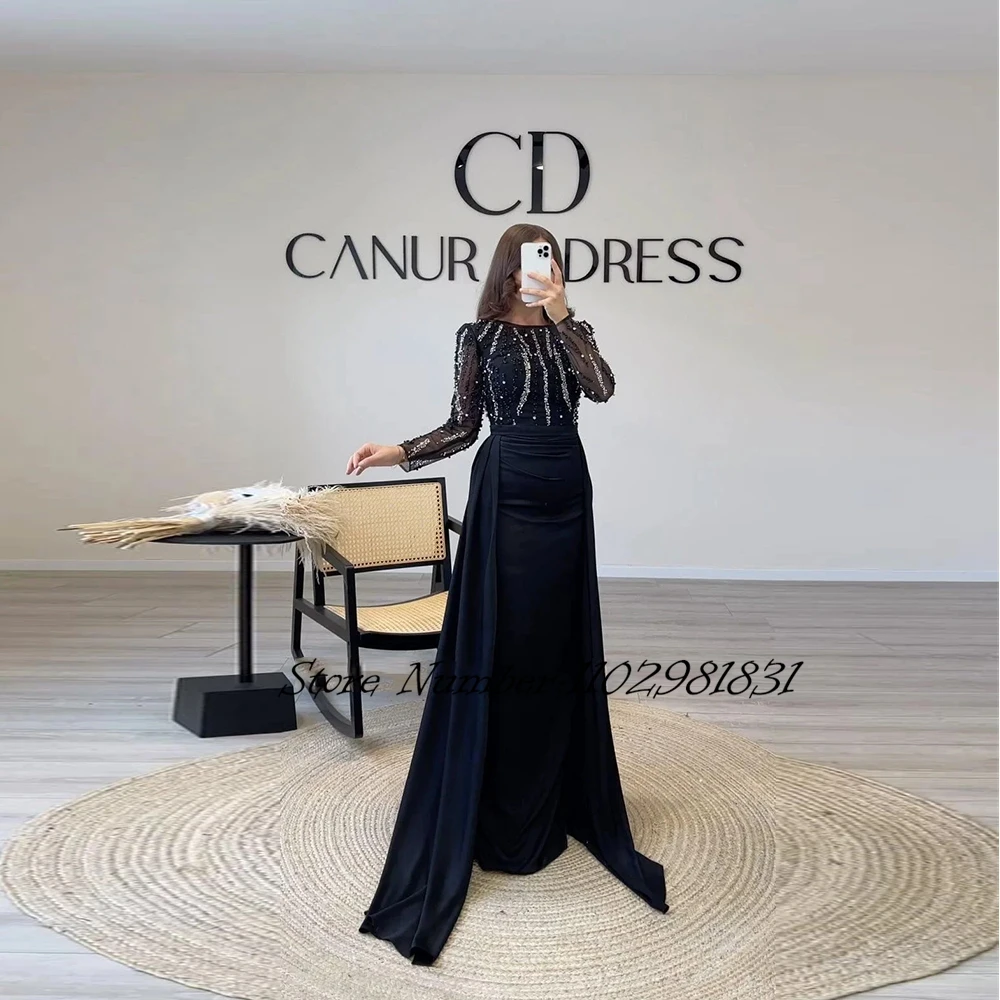 

Glitter Mermaid Evening Party Gown Black O-neck Long Sleeve Prom Dresses Satin Sequined Beading Formal Occasion Dress Robe De