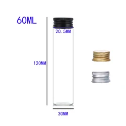 Set of 10 Assorted Portable Glass Bottles with Aluminum Caps (5ml - 100ml) - Gold, Silver, Black - Silver lidX10PCS (30mm diameter 60ml)