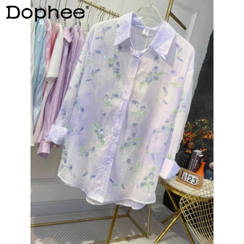 Fashion Flower Printed Rhinestones Polo Collar Shirt Women 2024 Spring Summer New Single-Breasted Long Sleeve Shirt Womens Tops