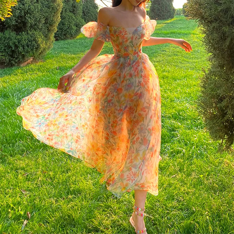 

AIGYPTOS Spring Summer Maxi Dress Women Elegant Slim Sexy Slash Neck Backless Floral Boho Dress Holiday Birthday Organza Dress