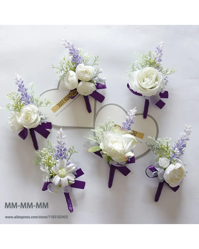 

MM Purple White Boutonniere And Waist Corsage For Wedding for Bridesmaid Groomsman Silk Flower Decoration Marriage Accessories