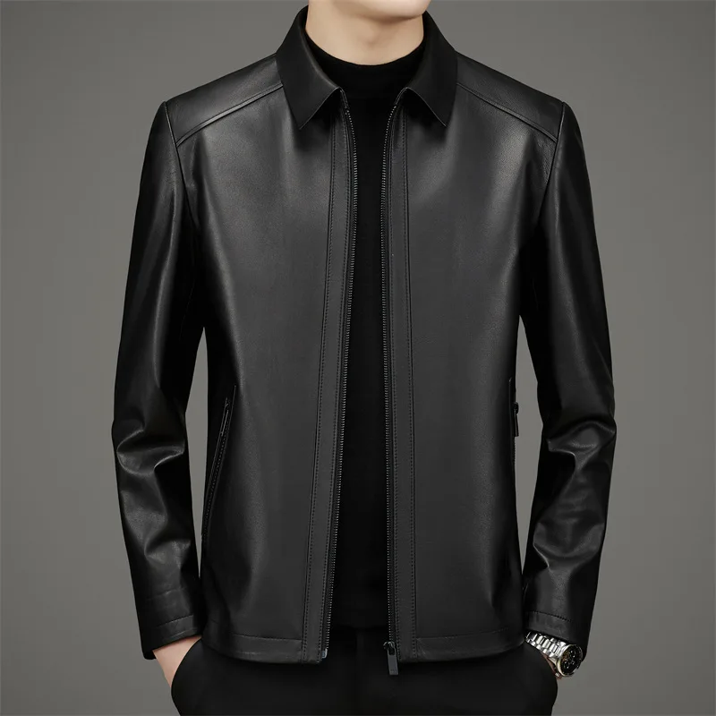 

DLSN22096 New genuine leather jacket men's top layer calf leather jacket with lapel collar for business and leisure men's wear