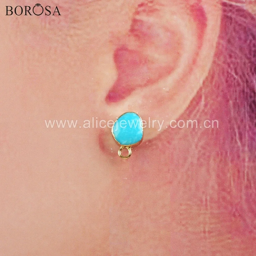 BOROSA Natural Turquoises Golden Plated Stud Earring Fashion Blue Howlites DIY Earrings Jewelry Finding for Women Gifts 6
