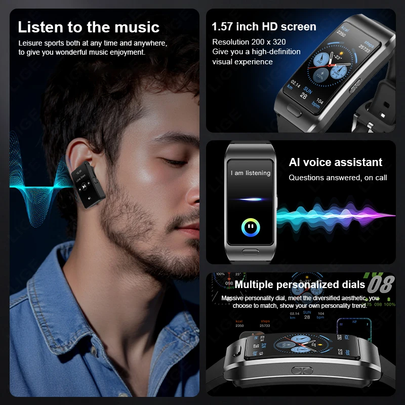 LIGE Smart Watch 2 In 1 TWS Headset 1.57" Men Women GPS Sports Fitness ECG Heart Rate Watches Bluetooth Call Music Smartwatch