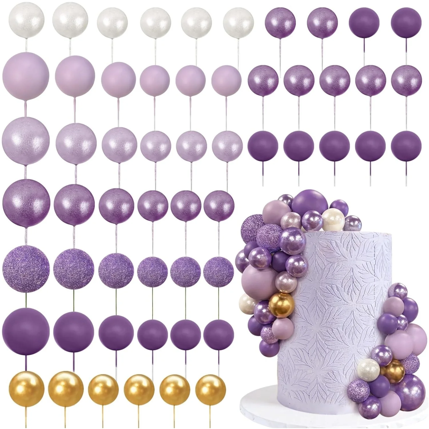 56 Stück Kugel-Kuchenaufsätze – bunte Perlen-Kuchendekorationen für Geburtstag, Hochzeit, Cupcakes, Ball, Partyzubehör, DIY-Dessert-Dekoration – Detail 7