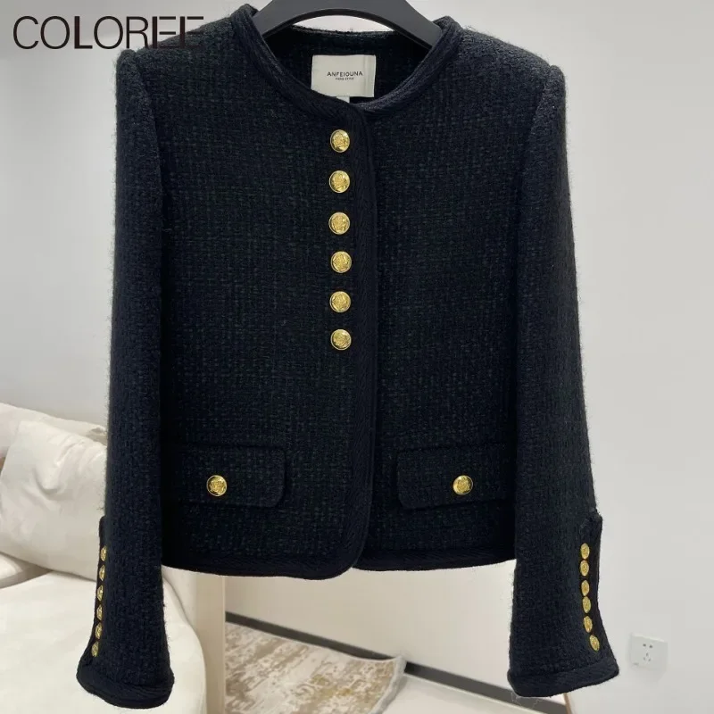 

53.2% Wool Coat Women Luxury High Quality Elegant O-neck Gold Buttons Black Tweed Jacket 2023 Wool Coat Women Abrigos De Lana