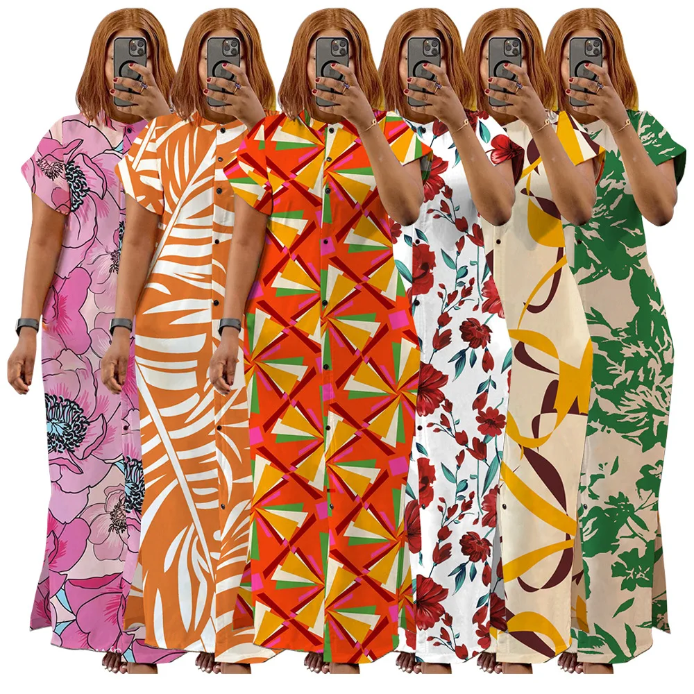 

Maxi African Dresses For Women Dashiki Nigerian Africa Traditional Clothes Printed Short Sleeve Long Slit Shirt Dress Robe Femme