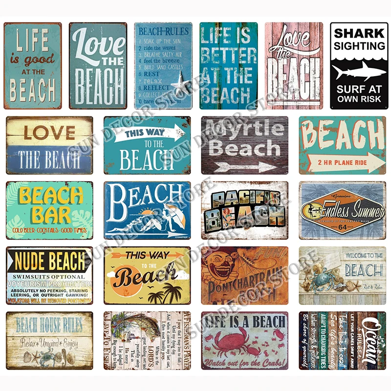 

Beach Metal Sign Plaque Vintage Paintings Wall Decor For Seaside Bar Club Men's Cave Decorative Plate 20cmx30cm Gift A-2180
