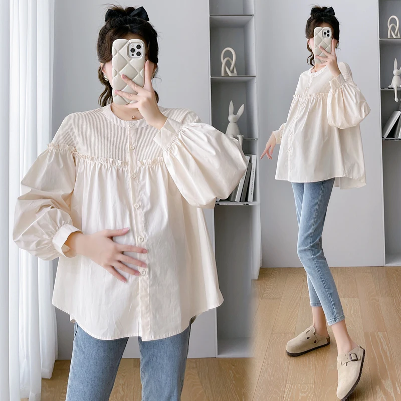 Sweet Patchwork Maternity Blouses Spring Autumn Fashion Loose Tunic Clothes for Pregnant Women Cute Lovely Pregnancy Shirts Tops