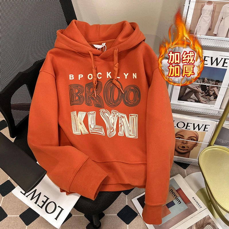 여성용 아메리칸 벨벳 두꺼운 후드 맨투맨, 하이 스트리트, 루즈한 후드, 트렌디 브랜드 상의, 인스타 스타일, 가을 및 겨울