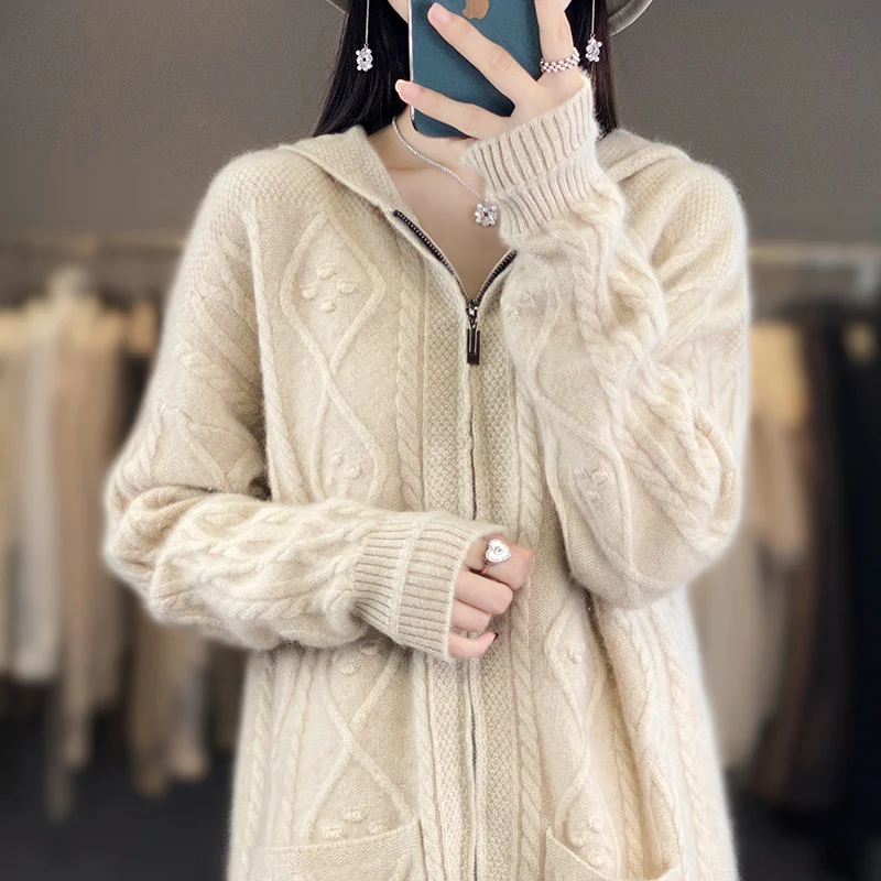 100% 메리노 울 후디, 캐주얼 루즈 점퍼, 세련된 한국 지퍼 가디건, 긴팔 상의, 두껍고 따뜻한 재킷, 가을, 겨울, 신상