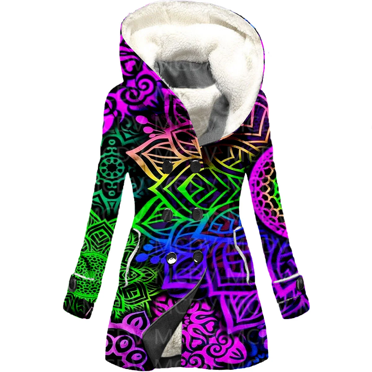 Yoga Psychedelic 3D Printed Fleece Hooded Cloak Women Thick Warm Coat Women's Winter Warm Overcoat