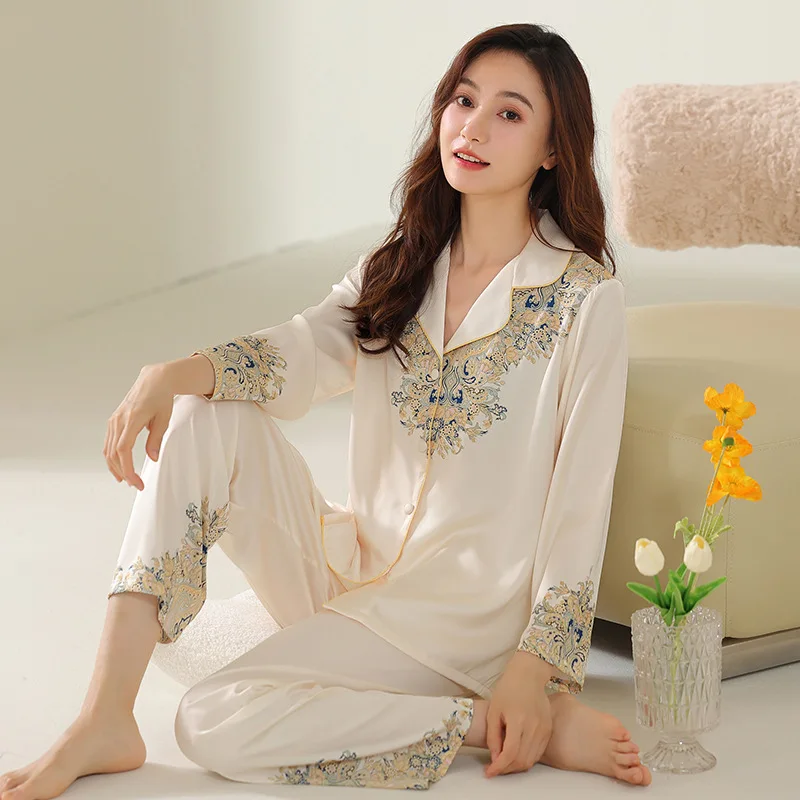 Spring Summer Women's Thin Ice Snow Silk Pajamas Set Long Sleeve Pants Loose Simulation Silk Home Suit Luxury Printing Sleepwear