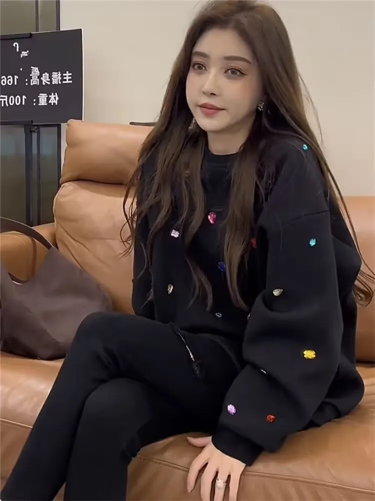 Women's Loose Fit round Ne Embroidered Fce Lined Sweatirt Casual Comfortable Autumn Winter Faion Basic Long Sve Top