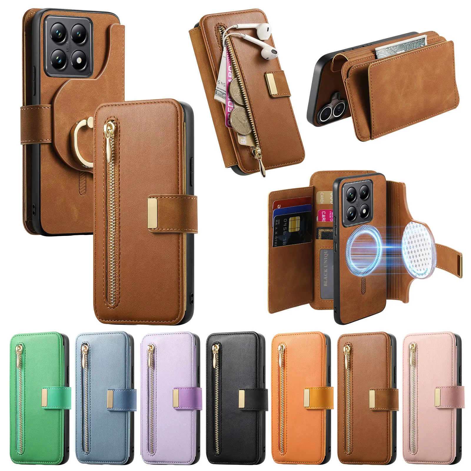 2-in-1 Detachable Zipper Wallet Leather Case with Magnetic Removable Cover