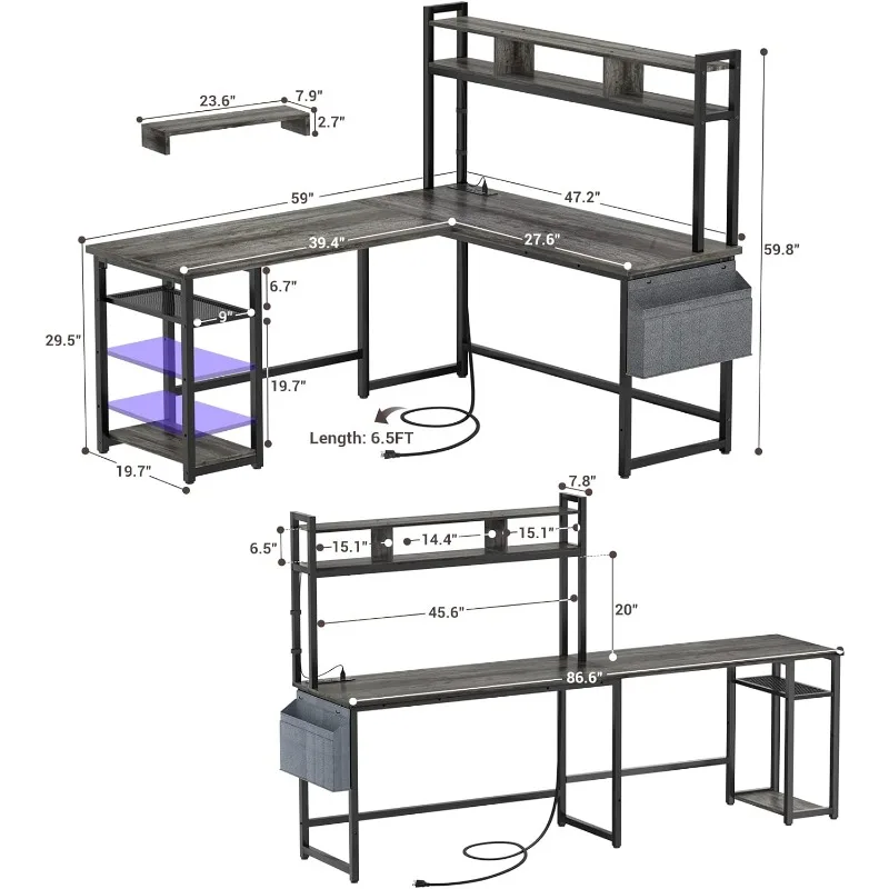 s L Shaped Computer/ Gaming Desk with Power Outlet & LED Strip 2