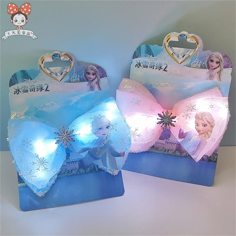 Disney Frozen 2 Children's Hair Accessories Aisha Princess Glowing Hairpin Bow Lighting Flash Top Clip LED disney frozen princess aisha children s hairpin print bow hairpin headdress girl hair accessories christmas birthday gift