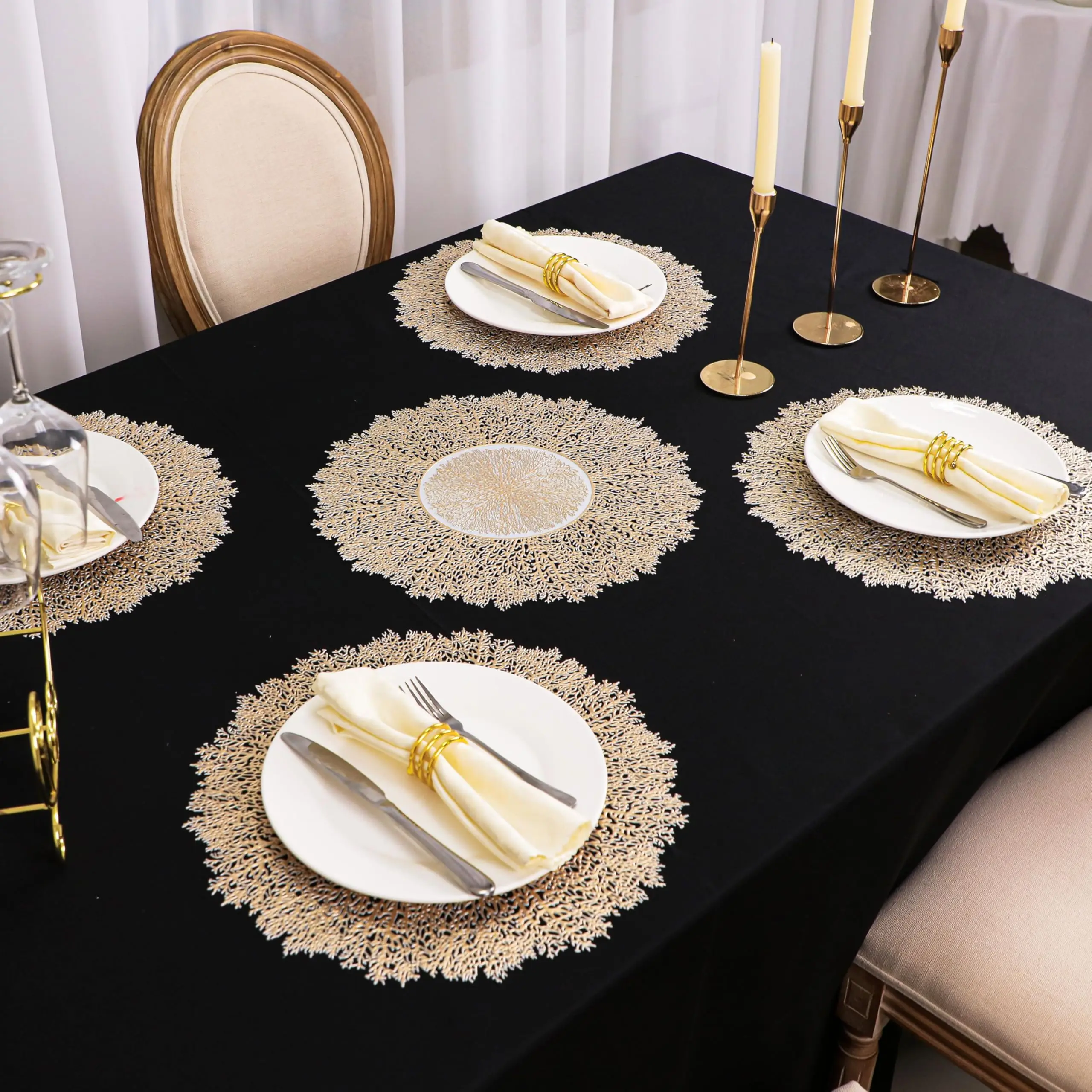 Mangata Gouden placemats en onderzettersets van 12, ronde tafelplacemats voor Kerstmis, bruiloft, dinerfeesten, restaurant, hotel, 38 cm, 15,5 inch