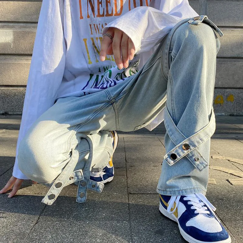 ICCLEK Autumn American Jeans Retro Loose Straight Pants High Street Jeans Bandage Jeans Men's Jeans Bell Bottom Jeans