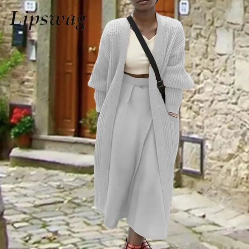 

Women Elegant Lantern Sleeve Sweaters Winter Casual Loose Pockets Female Long Coats Autumn Simple Fashion Solid Knitted Cardigan