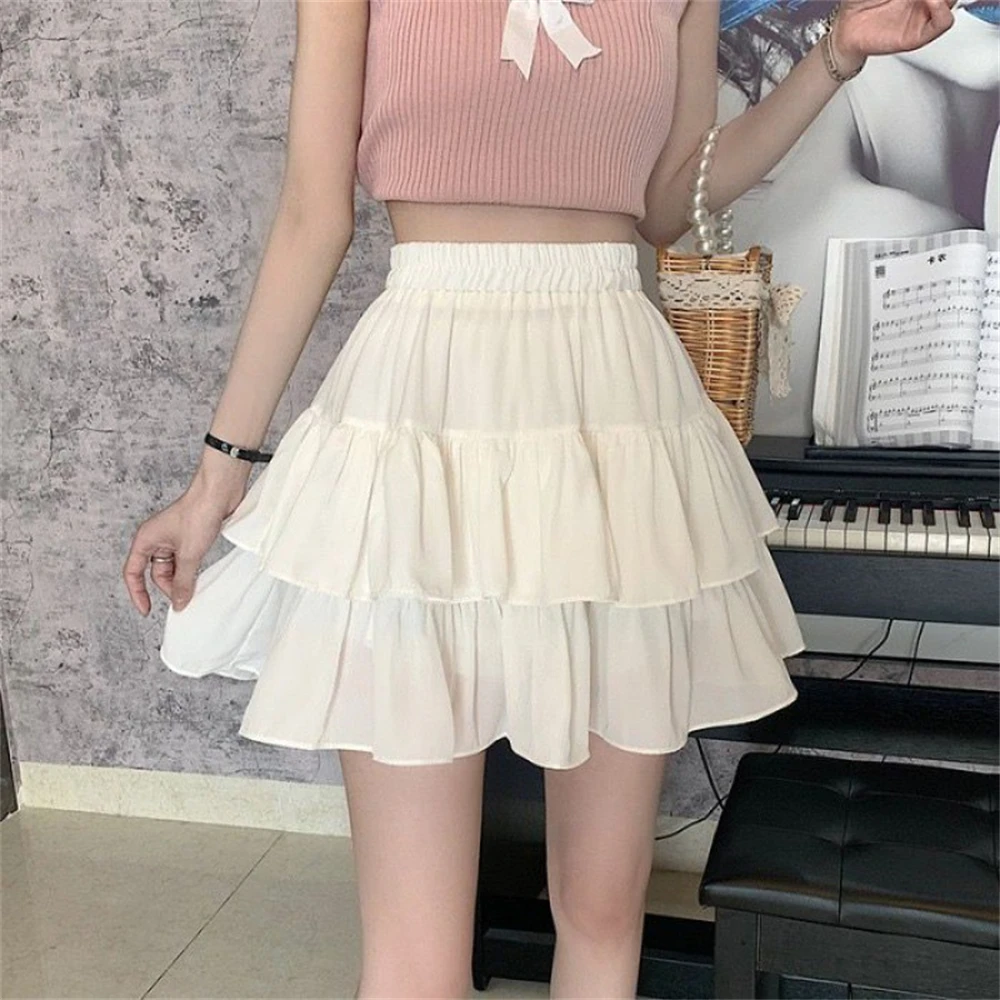 

Pleated A-line Skirt White Women Ruffles Sweet Hottie Preppy Style Elastic Waist Slim Thin Simple Casual Skirts Summer Wholesale