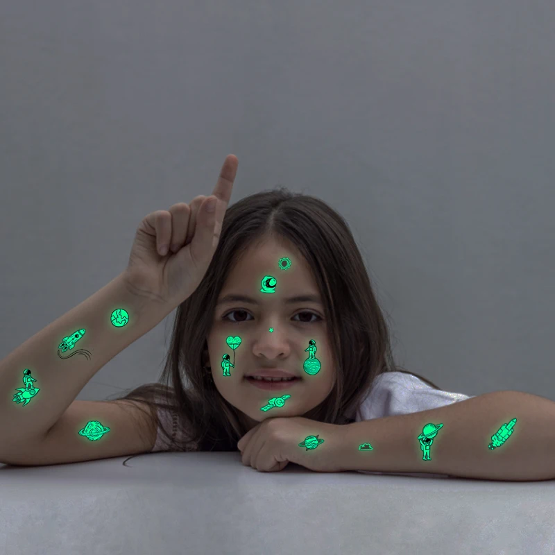 Luminous Tattoo Stickers Children Cartoon Universe Space Temporary Tattoo Glow Paste On Face Arm Leg For Kids Gift 10 Sheets/Set