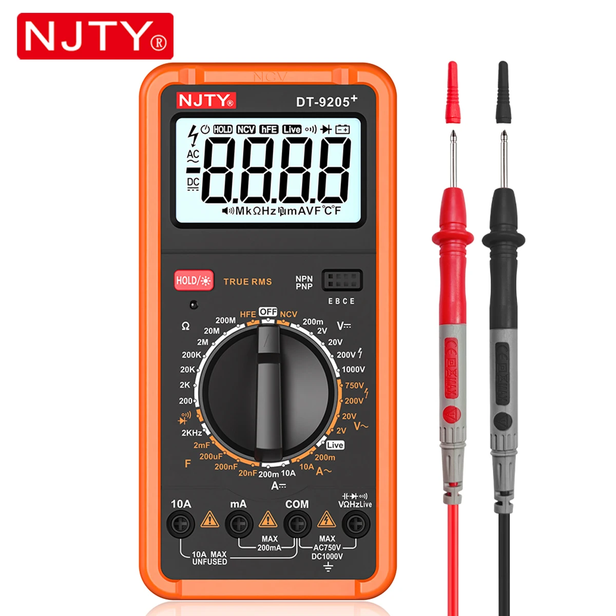 NJTY DT-9205+ Digitalmultimeter, manueller Bereich, elektrischer Tester, Spannung, Strom, Widerstand, Frequenz, HEF, Live-Draht-Spannungsmesser