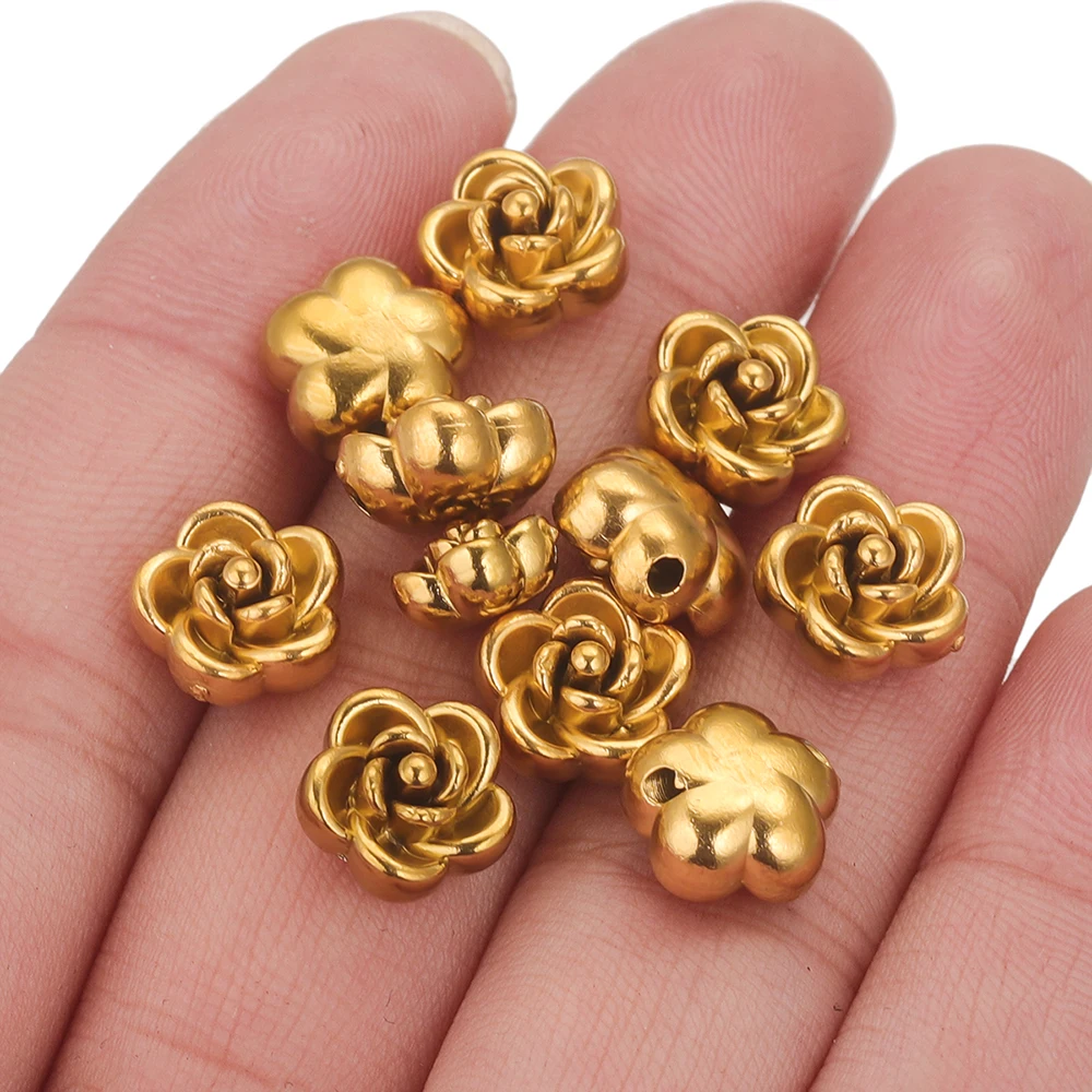 Set of 10 Gold-Plated Stainless Steel Rose Beads