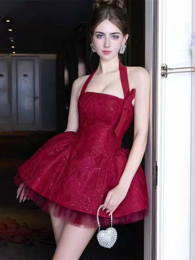 Nibber Birthday Party Jacquard Dresses+Mesh Puffy Skirts Women Sexy Noble Bow Sequin Sleeveless Halter Backless Stretch Suits