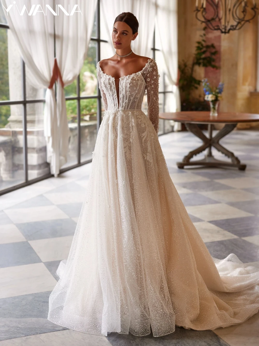 Vestidos largos de chiffon con encaje en escote en V profundo y espalda descubierta Orquídea